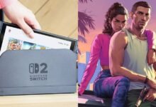 Nintendo Switch 2 concept next to GTA 6 artwork, split screen.