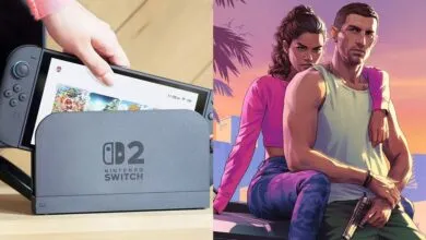 Nintendo Switch 2 concept next to GTA 6 artwork, split screen.