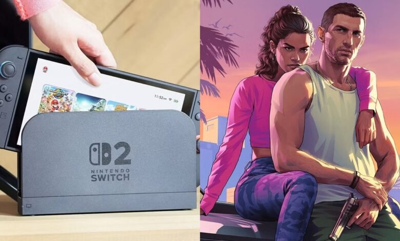 Nintendo Switch 2 concept next to GTA 6 artwork, split screen.