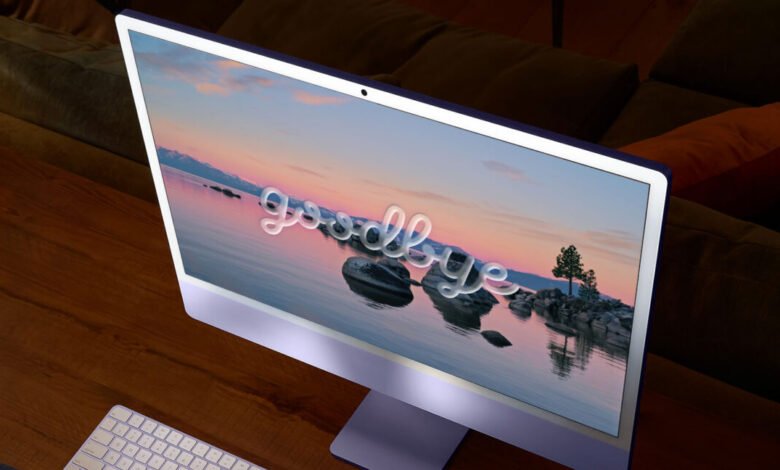 Purple iMac displaying a sunset lake scene with the word 'goodbye' overlayed.