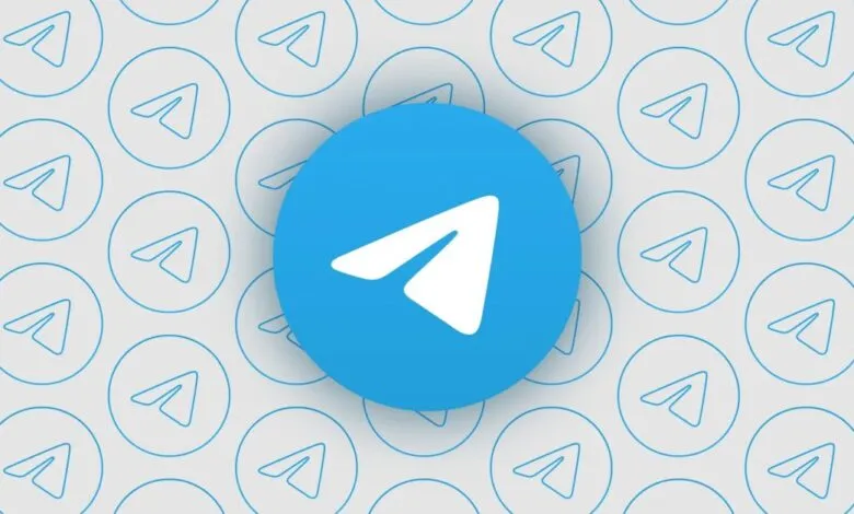 Telegram logo: white paper airplane on blue circle, repeated pattern.