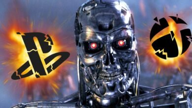 Terminator robot with red eyes, PlayStation and Xbox logos exploding behind it.
