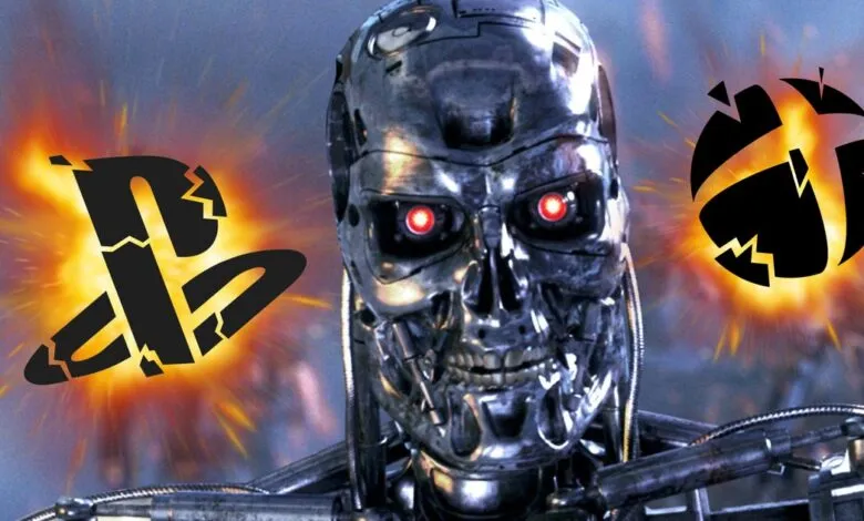 Terminator robot with red eyes, PlayStation and Xbox logos exploding behind it.