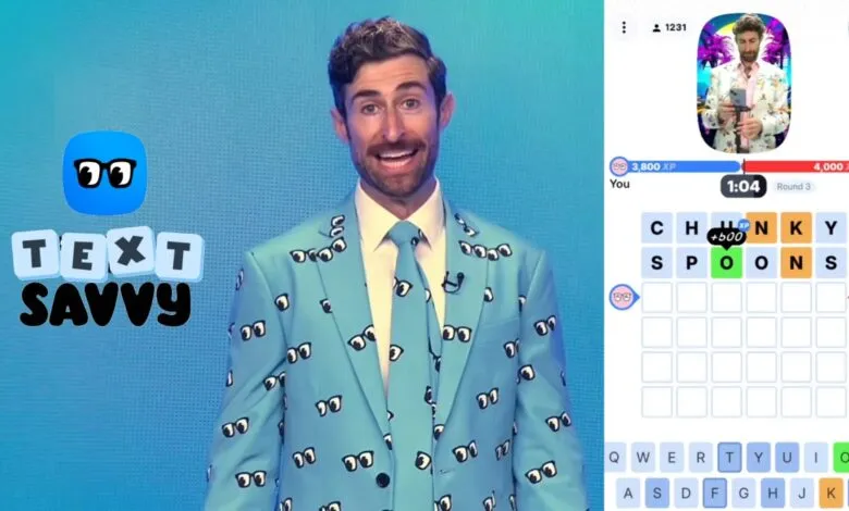 Scott Rogowsky hosts Text Savvy, a word game, wearing a suit with glasses pattern.