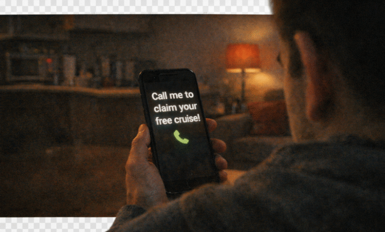 Person holds phone displaying 'Call me to claim your free cruise!'
