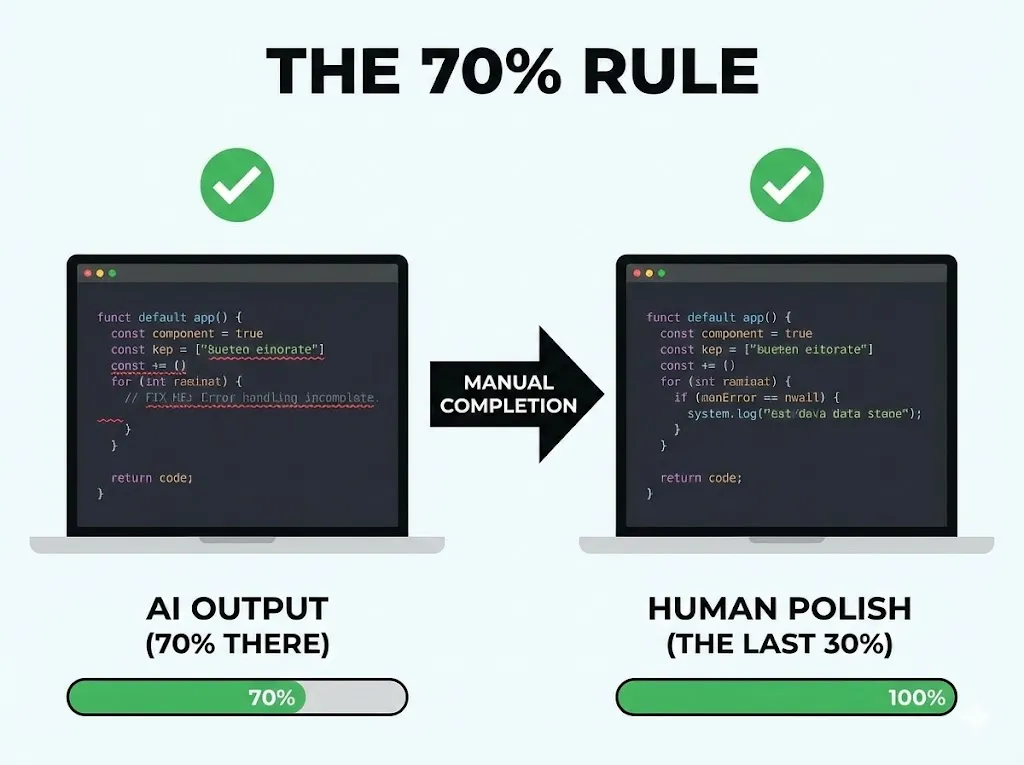 AI vs Human coding: AI output 70% complete, human polish completes the last 30%.