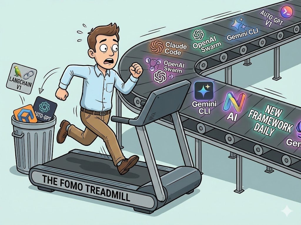 Man on 'FOMO Treadmill' chased by AI tools like Gemini CLI and Claude Code.