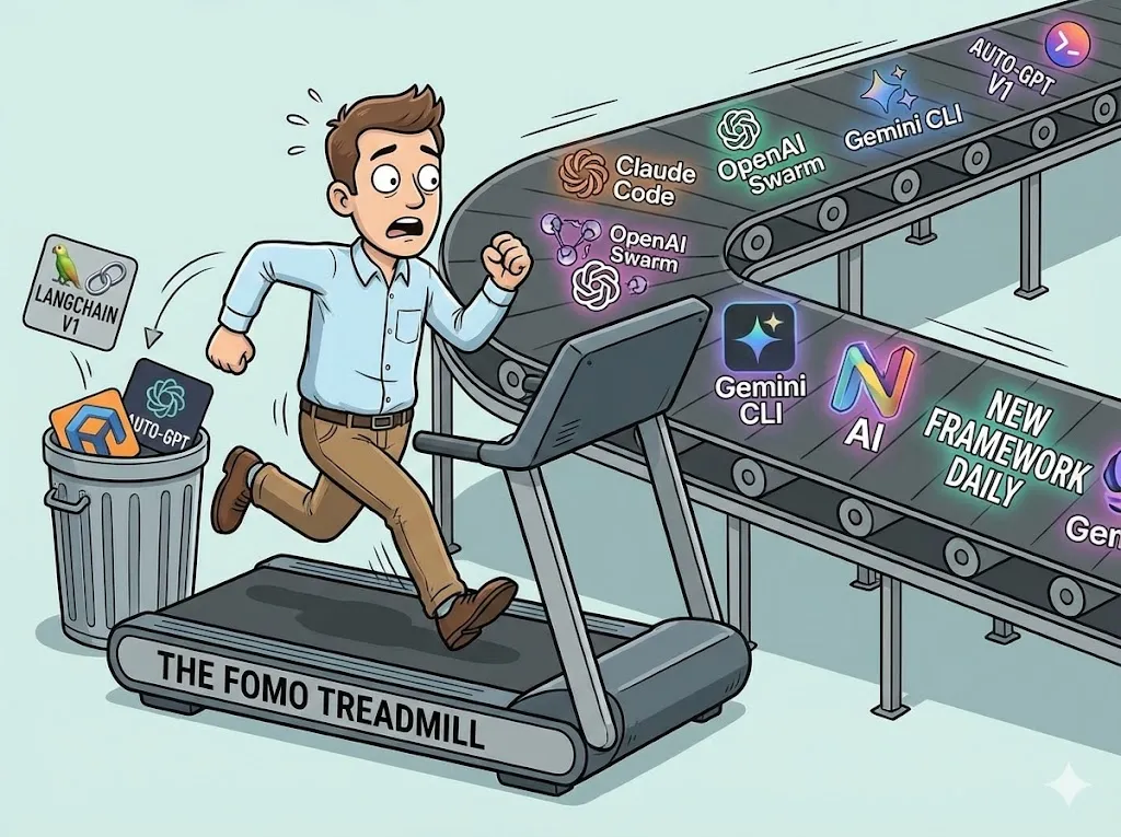 Man on 'FOMO Treadmill' chased by AI tools like Gemini CLI and Claude Code.