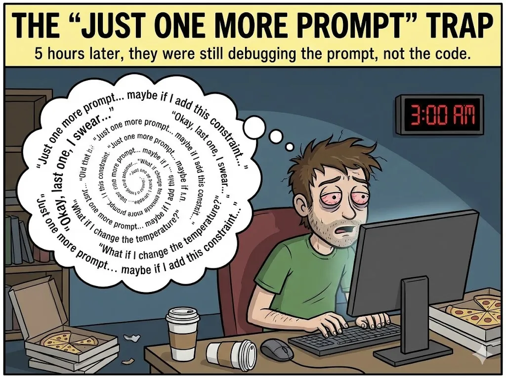 Cartoon of a tired coder stuck in a 'just one more prompt' loop at 3 AM.