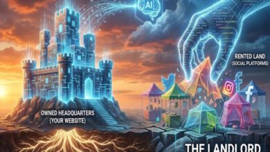 Digital illustration comparing website ownership to social media rental.