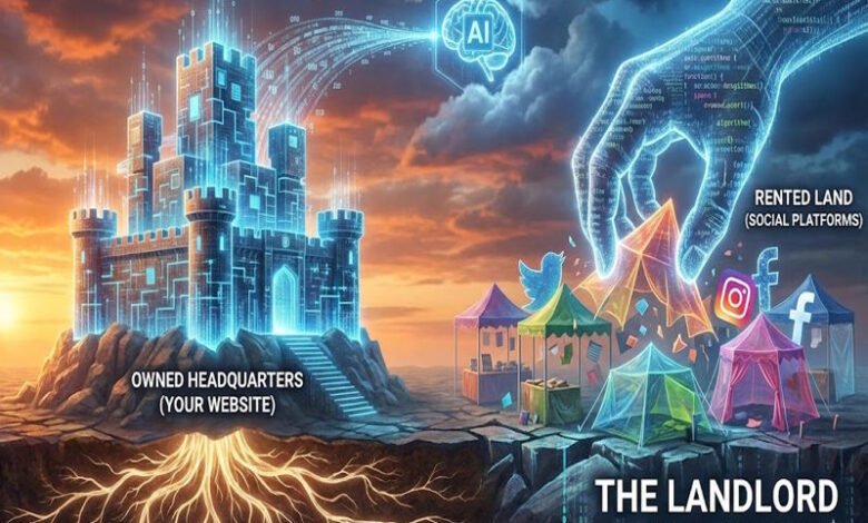Digital illustration comparing website ownership to social media rental.