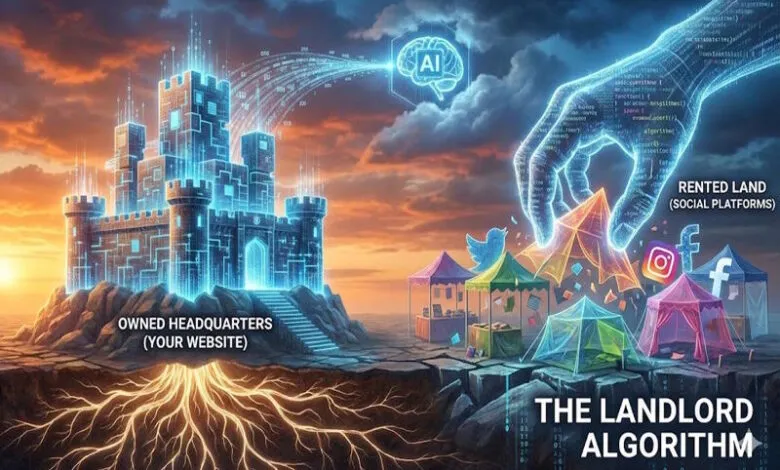 Digital illustration comparing website ownership to social media rental.