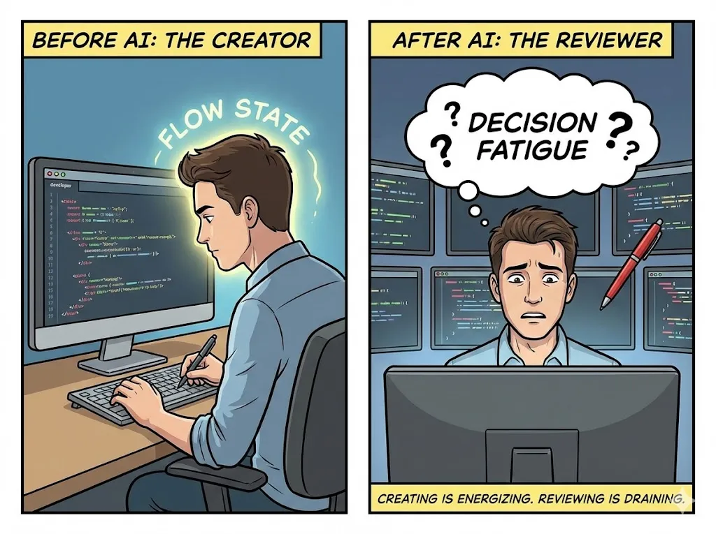 Comic showing coder in 'flow state' before AI, then overwhelmed reviewing AI code.