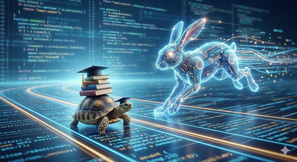 Digital art of a tortoise with books and a rabbit, representing slow and fast learning.