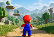 Mario stands in a Minecraft-inspired landscape, looking ahead.