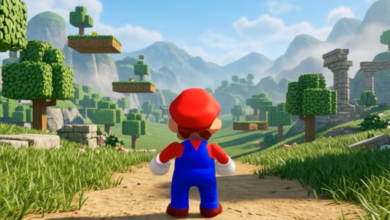 Mario stands in a Minecraft-inspired landscape, looking ahead.