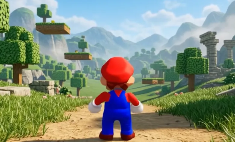 Mario stands in a Minecraft-inspired landscape, looking ahead.