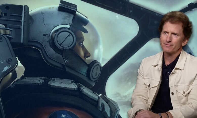 Todd Howard sits beside a Starfield astronaut in a promotional image.