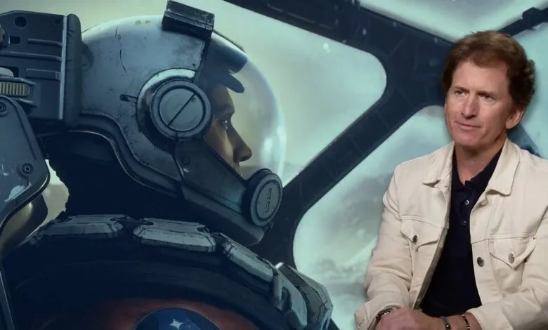 Todd Howard sits beside a Starfield astronaut in a promotional image.