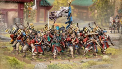 Miniature Great Bastion army with archers and dragon banner.