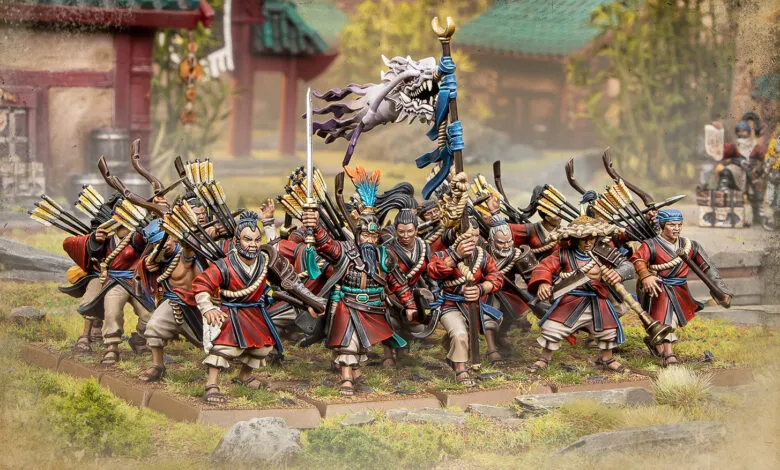 Miniature Great Bastion army with archers and dragon banner.
