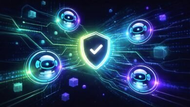 Cybersecurity shield with checkmark surrounded by AI bots and data streams.