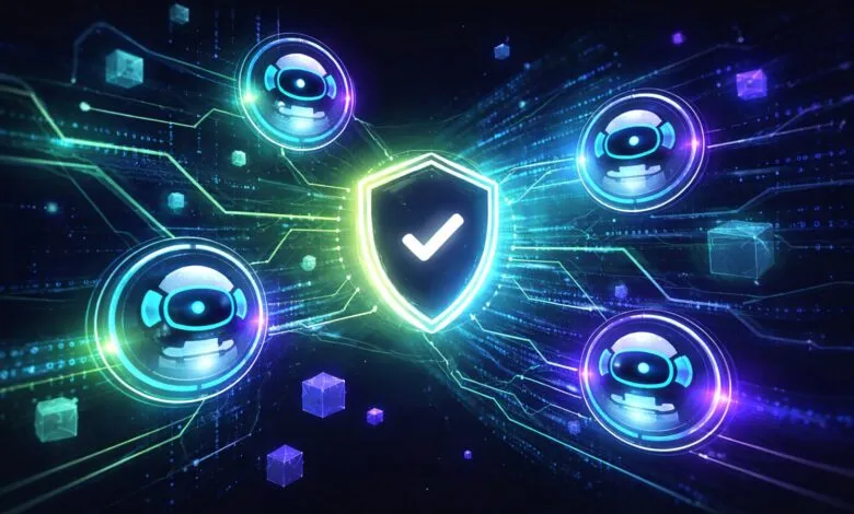 Cybersecurity shield with checkmark surrounded by AI bots and data streams.
