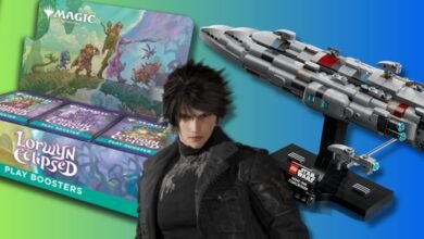 Magic cards, a character, and a Star Wars Lego ship on a colorful background.