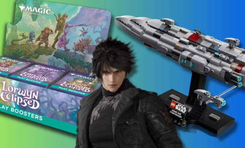 Magic cards, a character, and a Star Wars Lego ship on a colorful background.