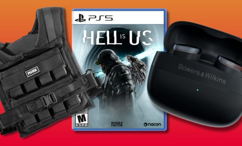 Black weighted vest, PS5 game 'Hell is Us', and Bowers & Wilkins earbuds.