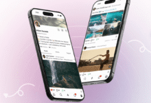 Two iPhones display social media profiles with posts and user interfaces.