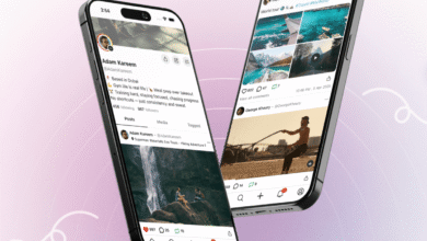Two iPhones display social media profiles with posts and user interfaces.