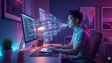 Young man coding with glowing interfaces emanating from his mouth.