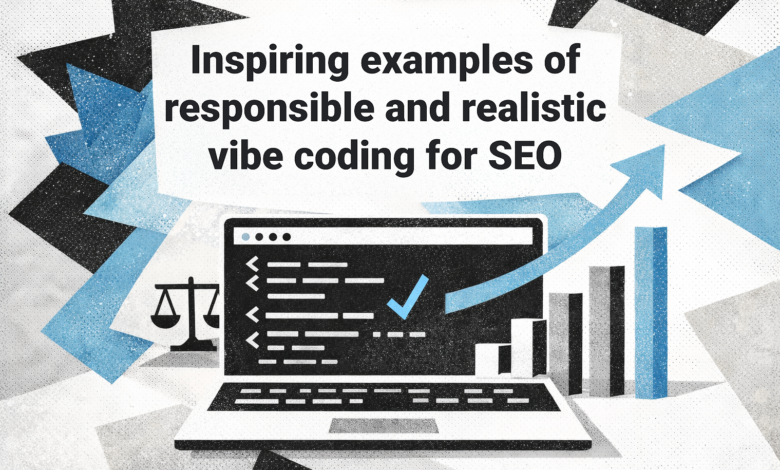Laptop displaying code, scales of justice, and a rising graph for SEO.