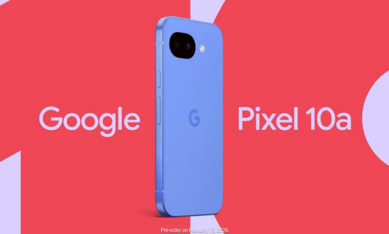 Google Pixel 10a phone in blue against a red and white background.