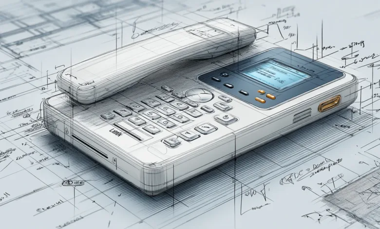 Sketch of a modern office phone with handset on a technical drawing.