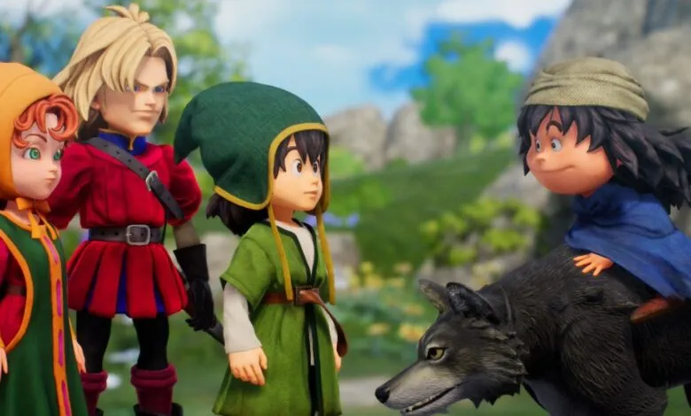 Dragon Quest characters stand together, one riding a wolf, in a vibrant outdoor scene.
