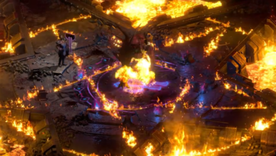 Overhead view of a fiery ritual circle with a demon and a warrior.