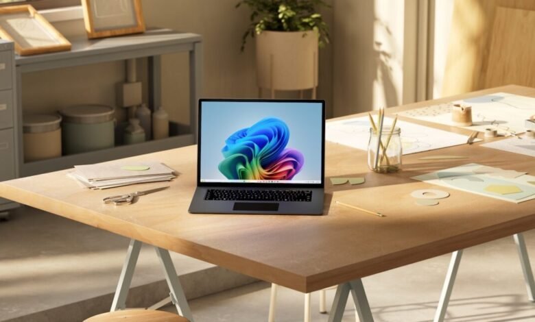 Laptop on desk with craft supplies, bright Windows wallpaper.