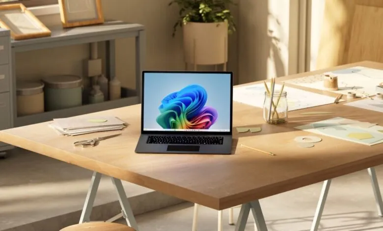 Laptop on desk with craft supplies, bright Windows wallpaper.