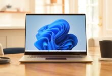 Laptop displaying Windows 11 desktop with coffee cup and pastry on wooden table.