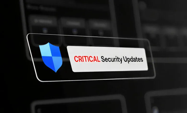 Critical security update notification with blue shield icon.