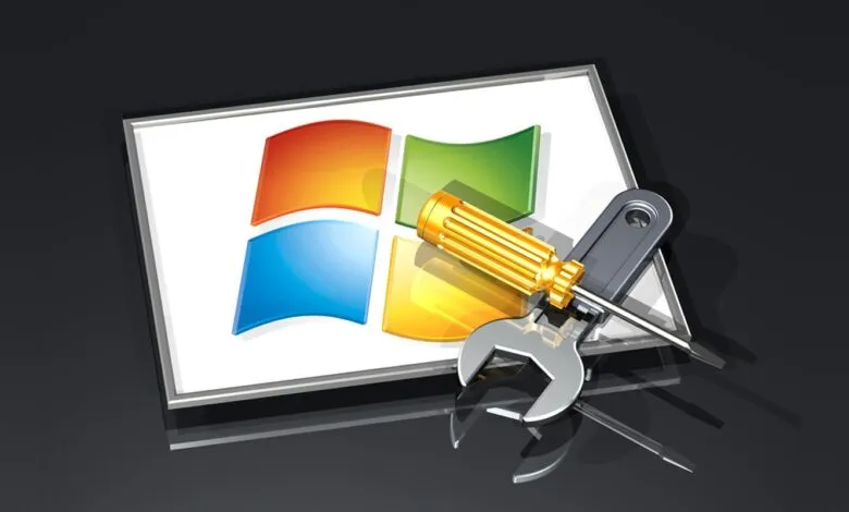 Windows logo with screwdriver and wrench, suggesting system repair or maintenance.