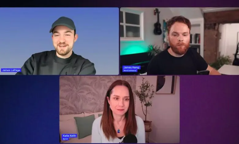 Three people video conferencing on a split screen with a purple background.