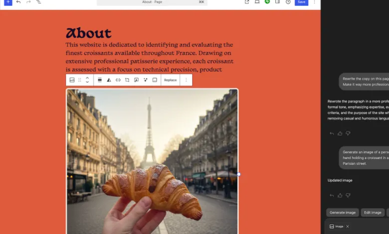 WordPress page editor with AI assistant generating croissant image.