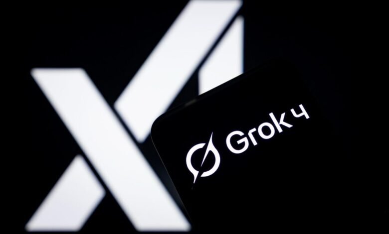 Grok 4 logo displayed on a smartphone with the X logo in the background.
