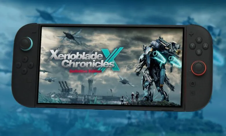Nintendo Switch displays Xenoblade Chronicles X Definitive Edition gameplay.