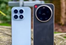 Two Xiaomi phones, light blue and black, showcasing their Leica camera systems.