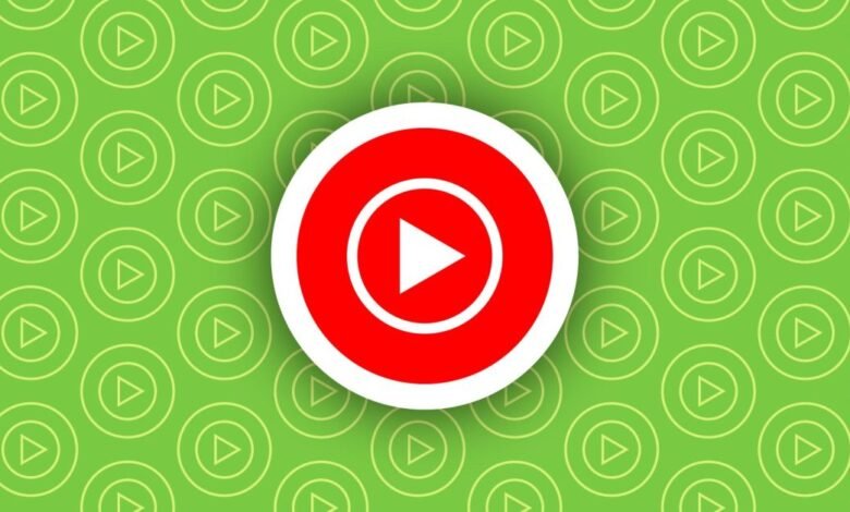 YouTube Music logo: red play button in circle on green patterned background.