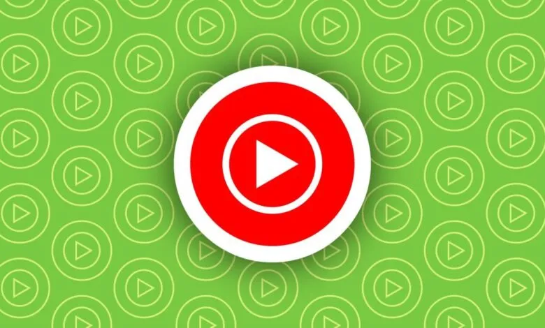 YouTube Music logo: red play button in circle on green patterned background.